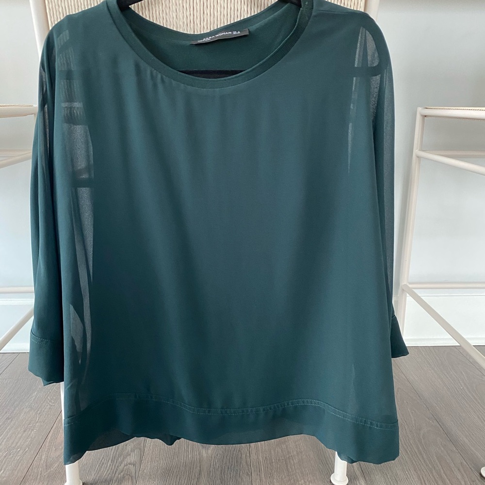 ZARA Woman Emerald/Teal Sheer Blouse (Size Small)